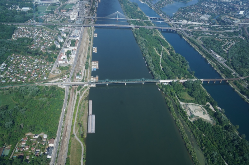 Crossing Danube and New Danube - Train-bridge to Prague, A23 Highway-bridge, U2 Subway-Cable bridge