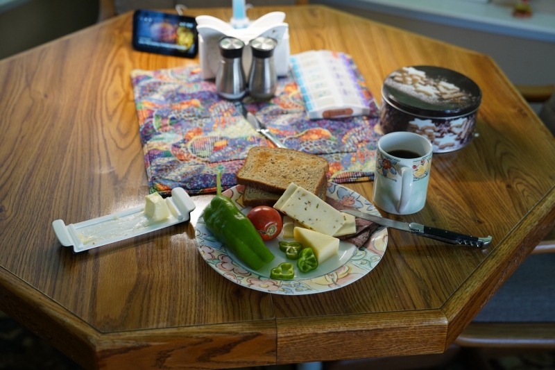 Breakfast, deserved after morning walk. ( My grandson Leo borrowed me his pocket knife )