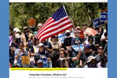2025-06-10  finden Sie  drei kleine Fehler im Bild : die ´Protestierenden´ ( i.e. Randalierenden )  sind tatsächlich vermummt, Autos und Häuser brennen lichterloh und die Flagge ist die Mexikanische